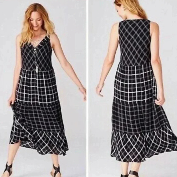 J. Jill Black White Mixed Print Plaid Print Midi Dress Size Large Petite - Picture 1 of 10